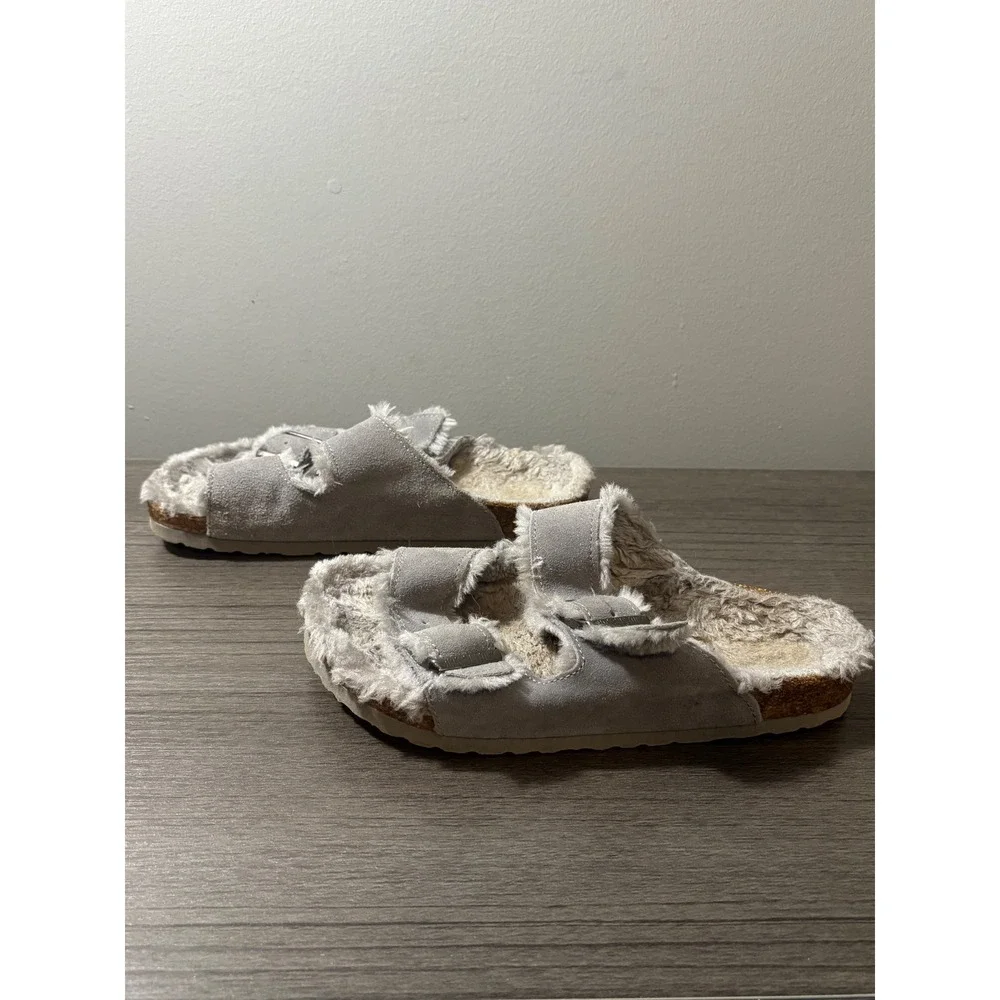 Birkenstock Arizona Shearling Suede Sandals in Gray‎ Women's Size 8 (39)